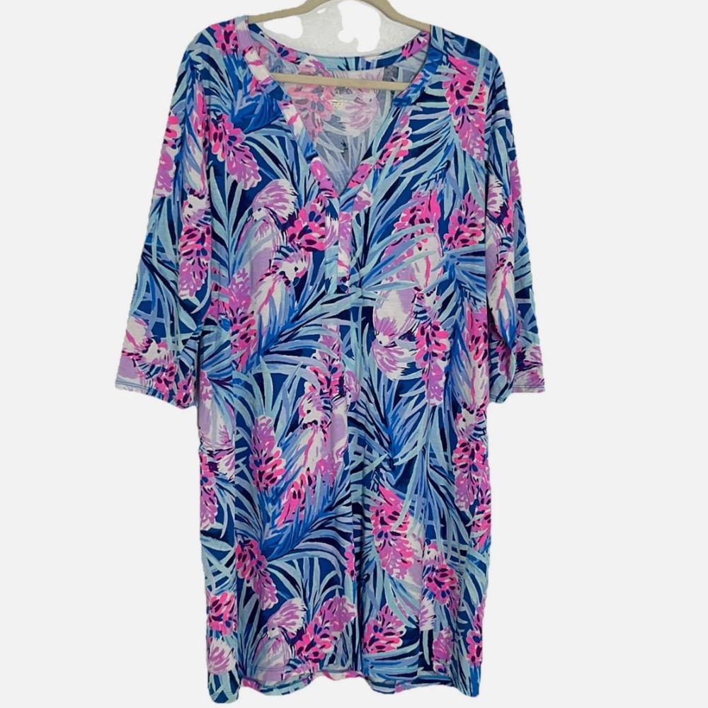 Lilly Pulitzer Daphne Dress Mr Peacock Blue Tweethearts Size XL 3/4 Sleeves